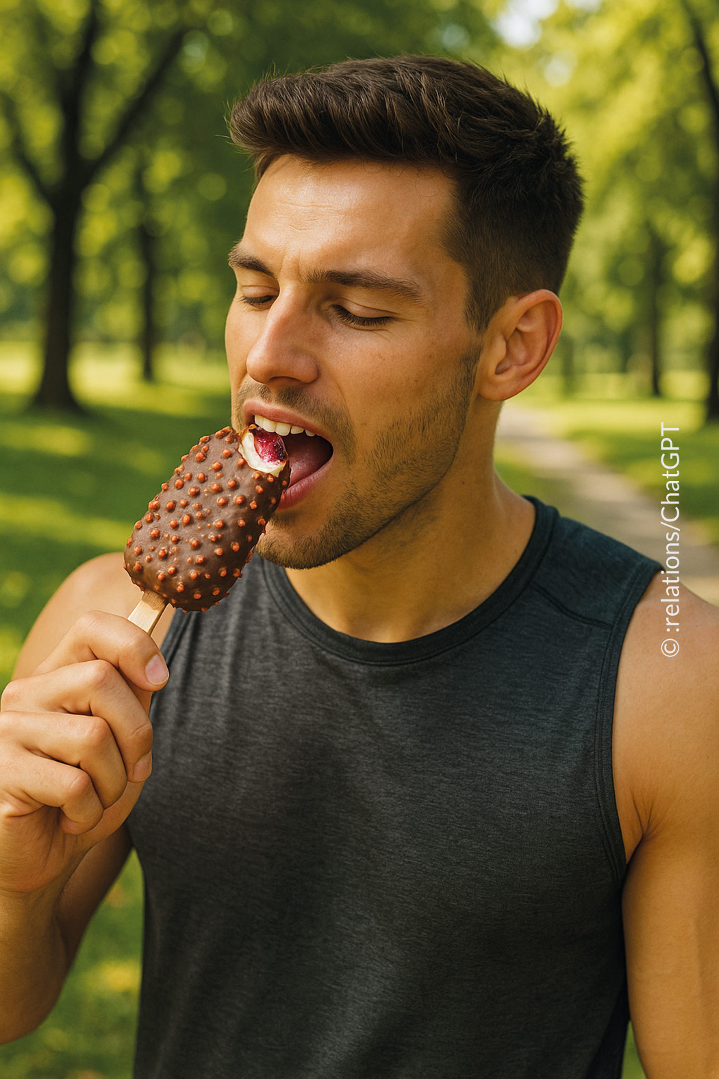 Voll im Trend 2025: ein Eis-Duo aus Eis mit schwarzer Johannisbeere-Himbeere und Eis mit Rahm, umhüllt von knackiger Milchschokolade und fruchtigen Zuckerstückchen, hier als Eis am Stiel genossen von einem sportlichen jungen Mann an einem Sommertag im Park