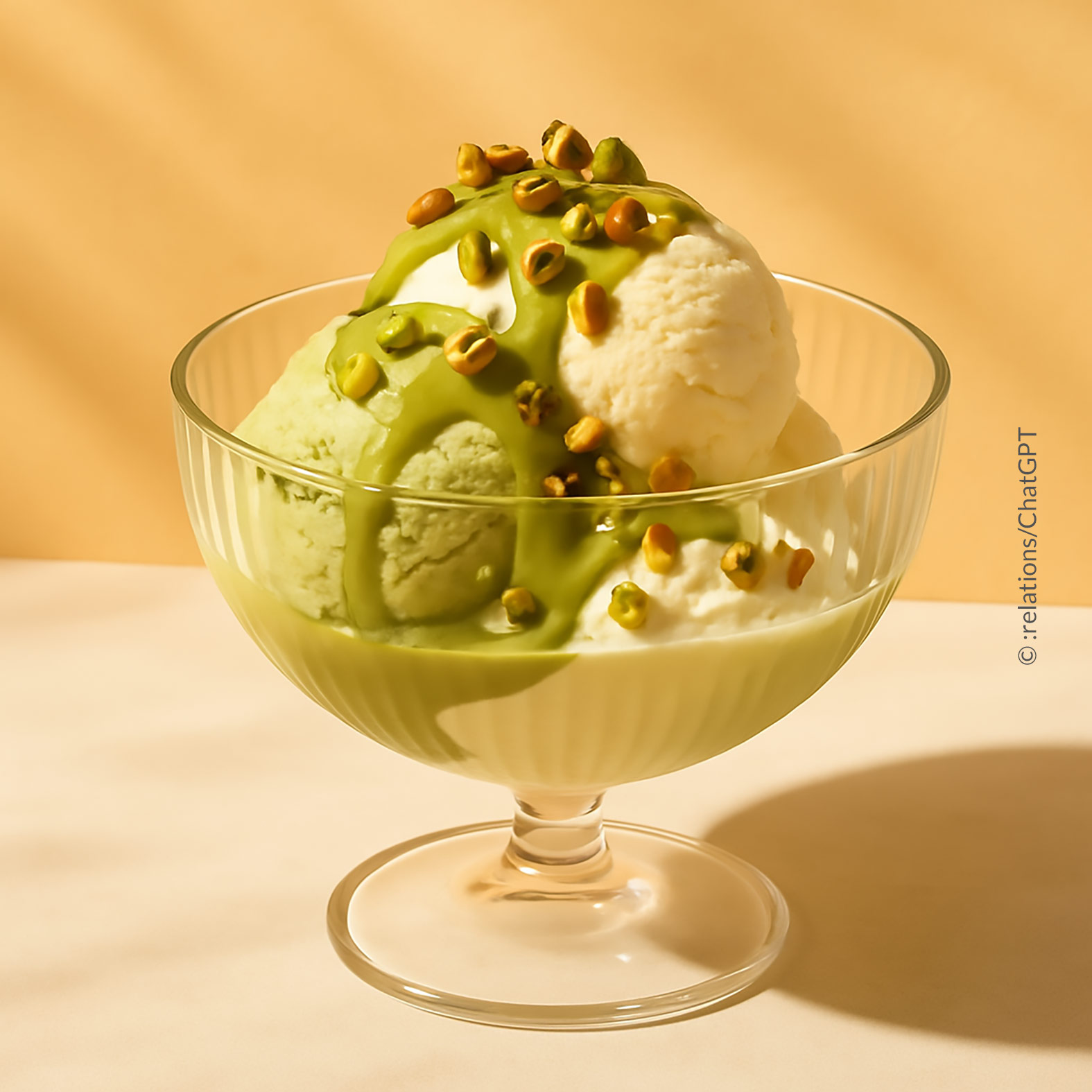 In einer Dessertschale: Pistazien- und Vanilleeis, verfeinert mit einer Pistaziensauce und gerösteten Pistazienstückchen, eine der Eistrendvariationen für das Jahr 2025