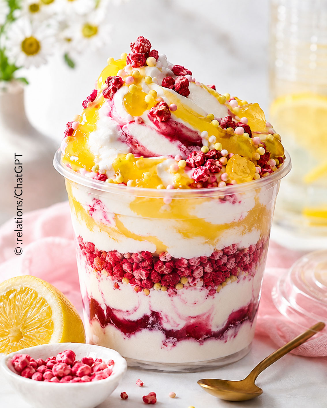 Verstrudeltes Eis mit verschiedenen Früchten, Sprinkles und Jogurt-EIscreme
