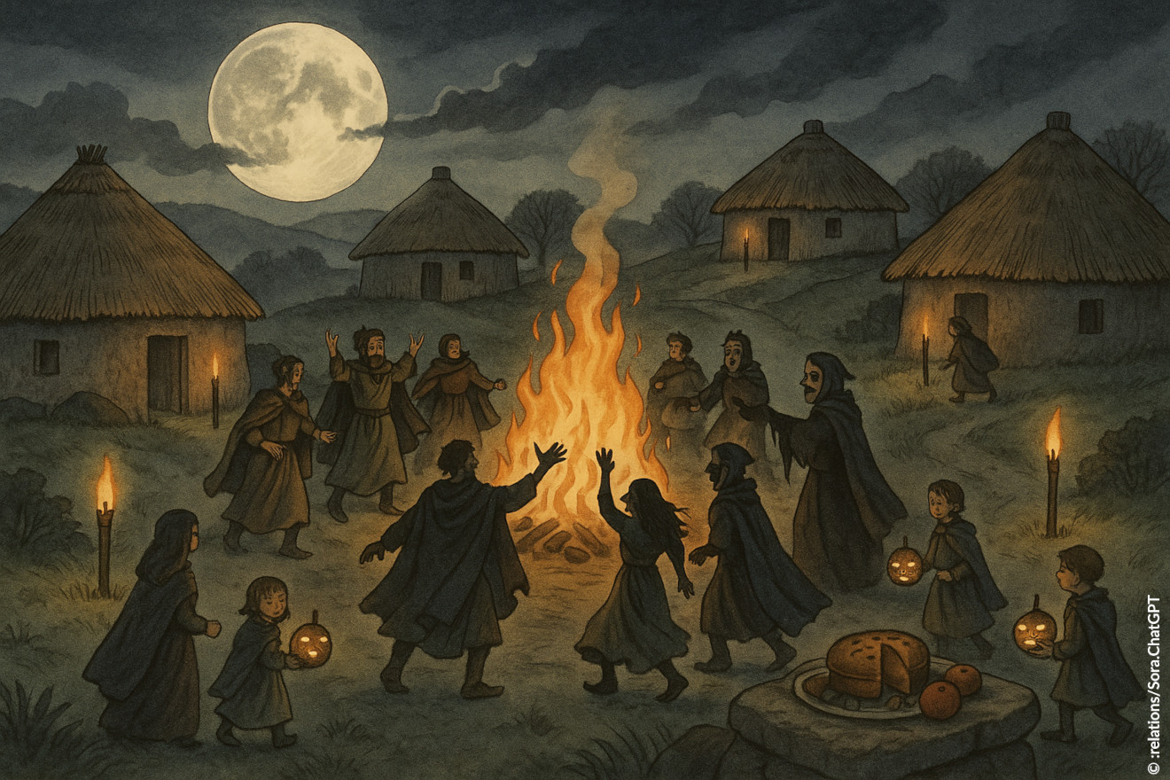 Illustration Menschen feiern uns Feuer und begehen All Hallows Eve.