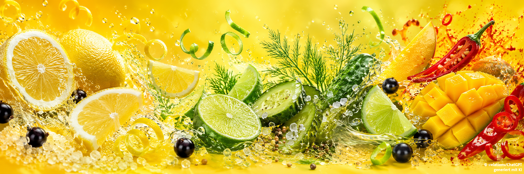 Das Foto zeigt einen Food-Mix aus Zitronen, Limetten, Dill, Mango, Salz und Co. -- passend zu "Sour and Tangy"
