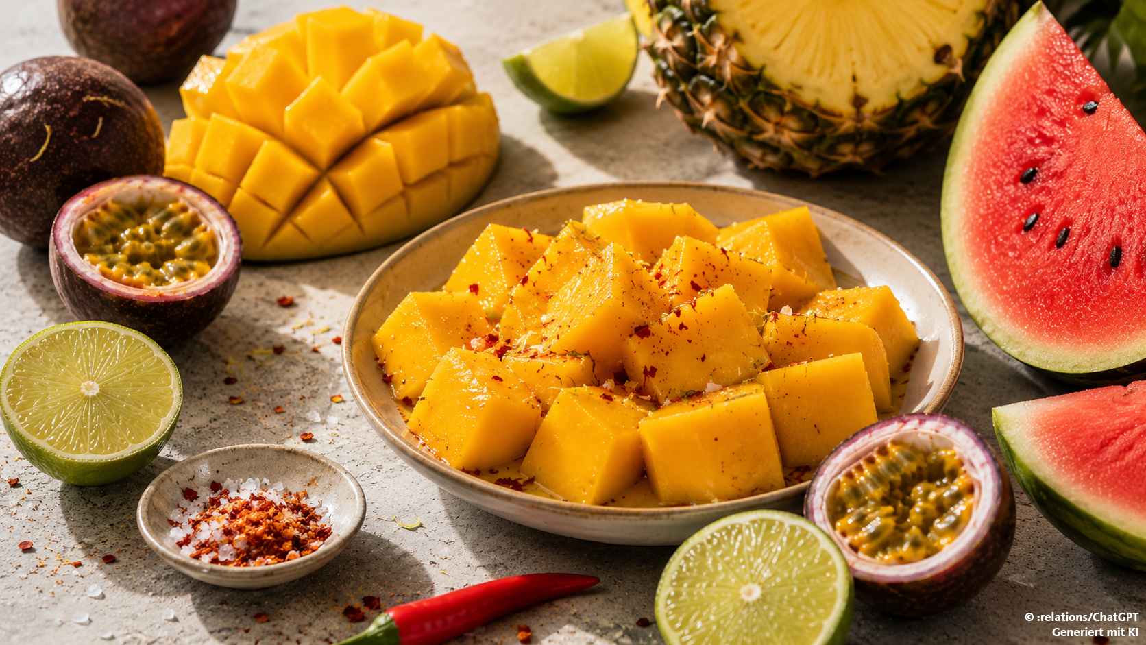 Mango in einem tiefen Teller angerichtet und scharf gewürzt, ebenfalls zu sehen: angeschnittene Ananas, Wassermelone, Passionsfrucht und Co.
