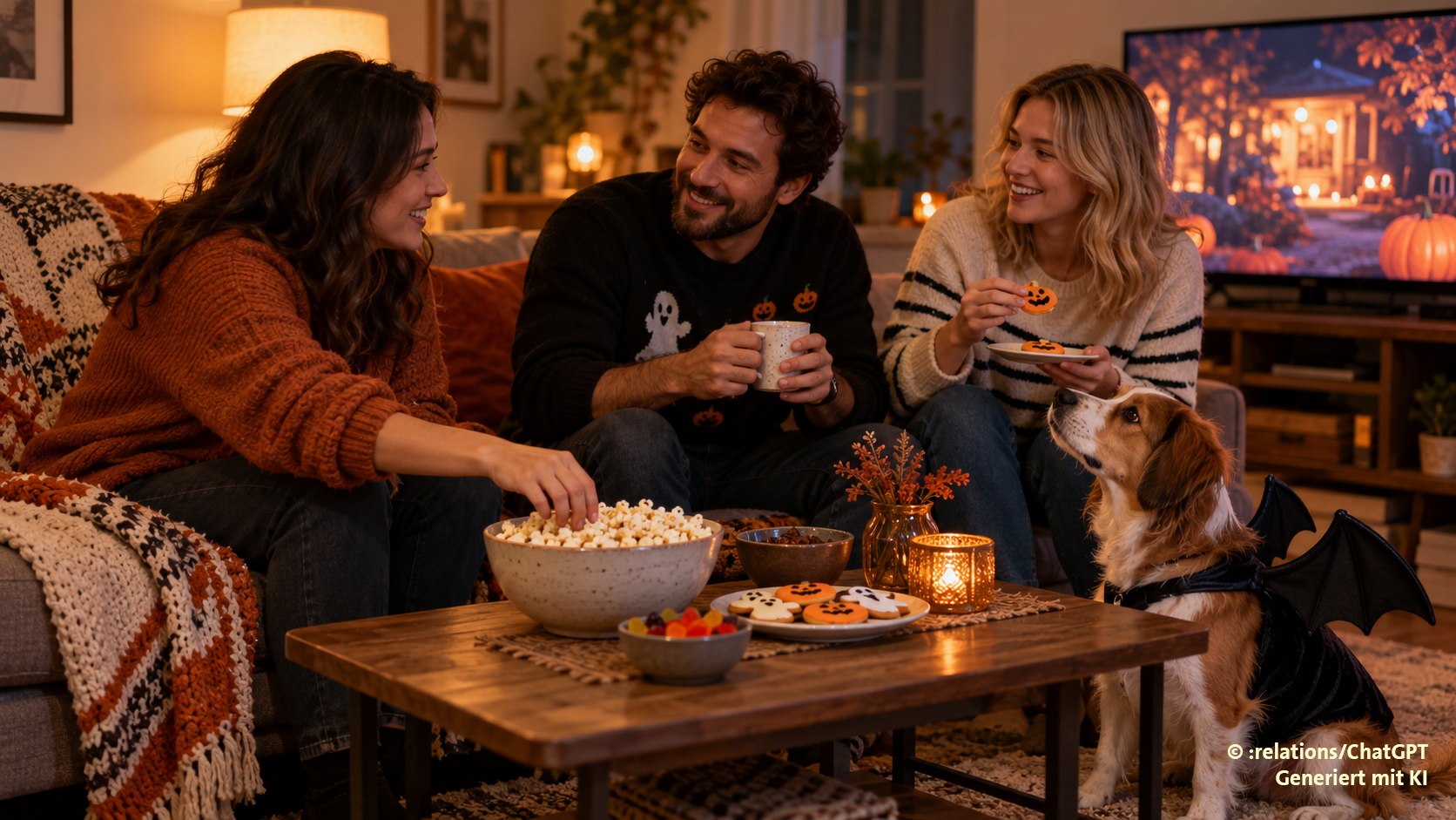 Gemütlicher Halloween-Filmabend mit Hund und Freunden zu Hause und mit leckeren Süßwaren.