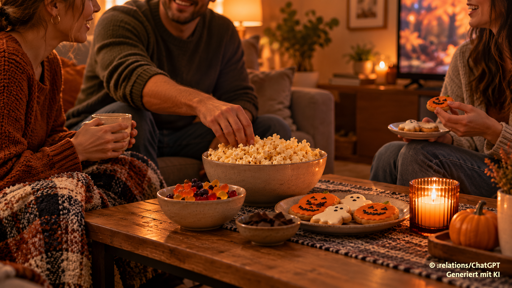 Gemütliche Runde mit Freunden im Herbst bzw. zu Halloween mit leckeren Knabbereien wie Popcorn