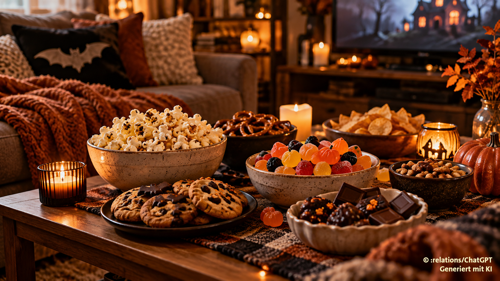 Auswahl von Snacks und Süßigkeiten zu Halloween