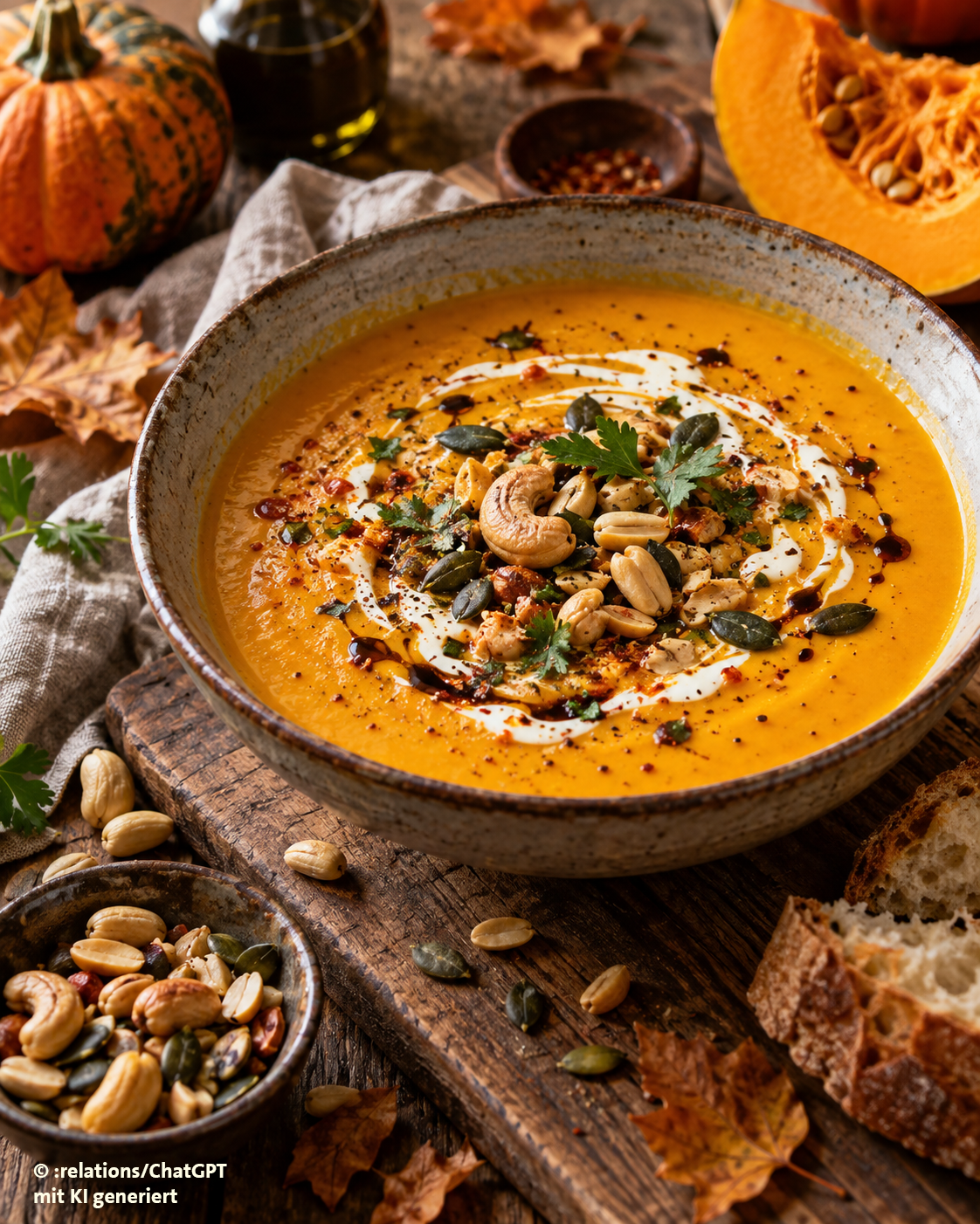 Kürbissuppen passen perfekt in den Herbst -- und lassen sich prima mit Toppings aus Nüssen, Nussmischungen und Saaten aufpeppen.