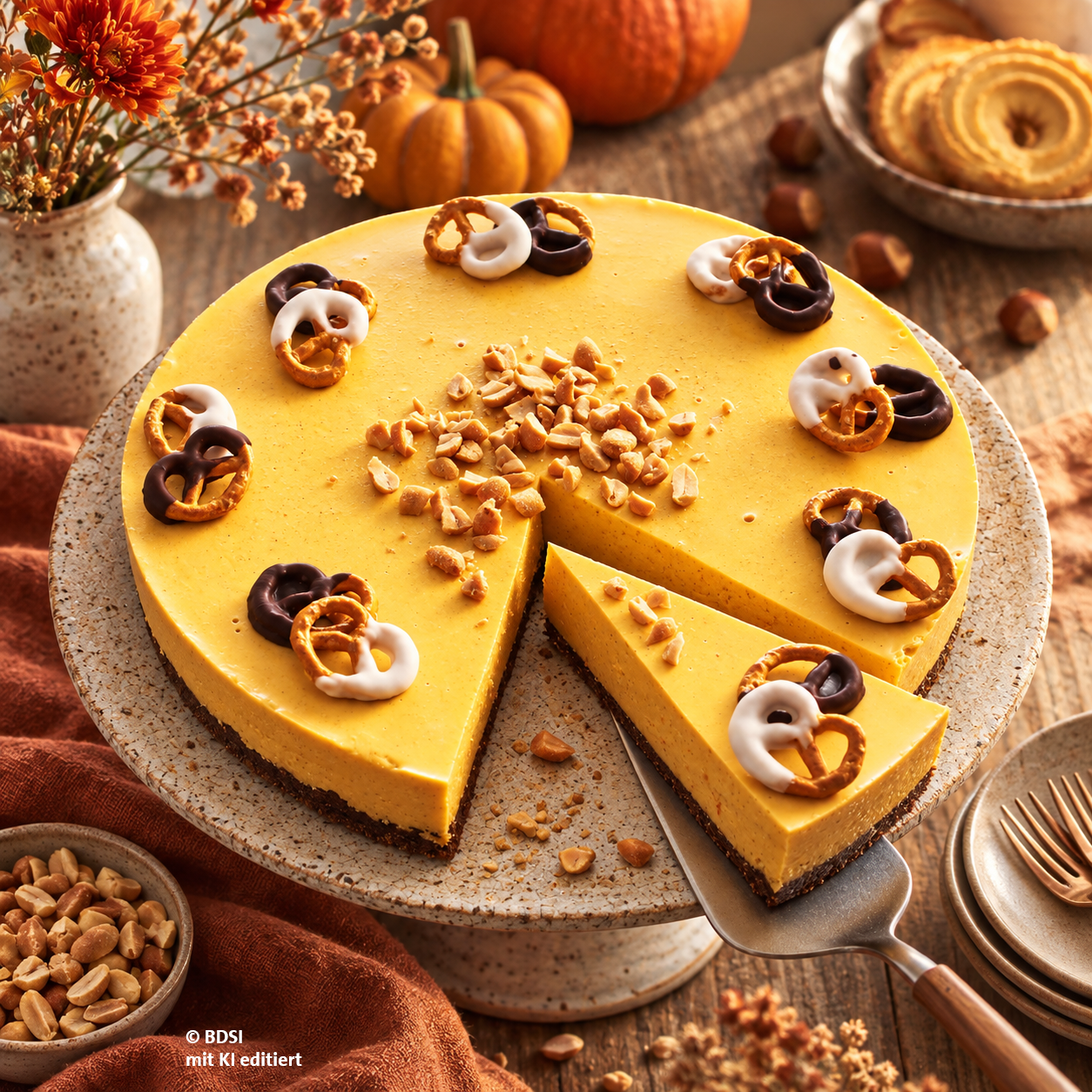 Der perfekte No-bake-Cake im Herbst: ein Pumpkin-Cheesecake mit schokolierten Bretzelchen und Erdnüssen.